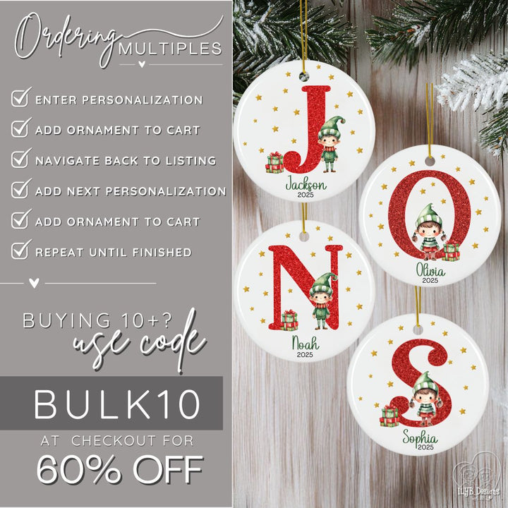 Personalized Red Glitter Elf Girl or Elf Boy Name Ornament | Initial & Name Kids Ornament
