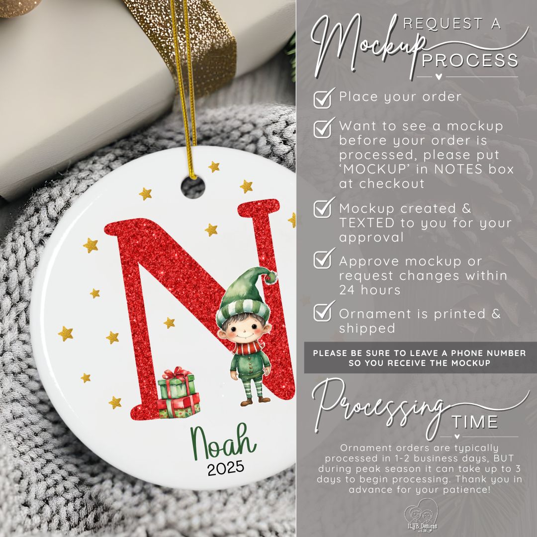 Personalized Red Glitter Elf Girl or Elf Boy Name Ornament | Initial & Name Kids Ornament