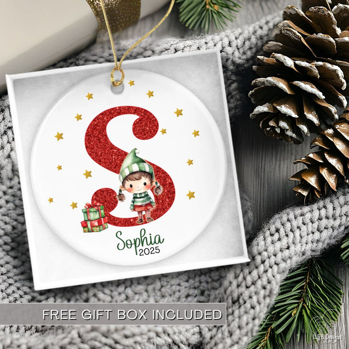 Personalized Red Glitter Elf Girl or Elf Boy Name Ornament | Initial & Name Kids Ornament
