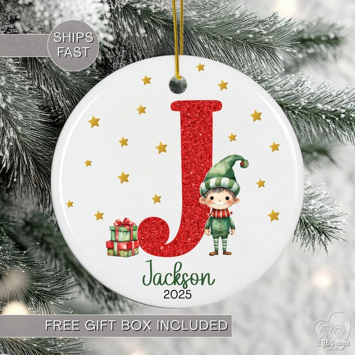 Personalized Red Glitter Elf Girl or Elf Boy Name Ornament | Initial & Name Kids Ornament