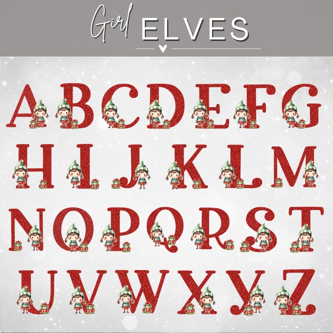 Personalized Red Glitter Elf Girl or Elf Boy Name Ornament | Initial & Name Kids Ornament