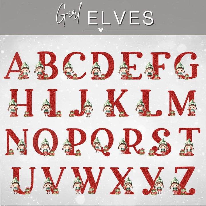 Personalized Red Glitter Elf Girl or Elf Boy Name Ornament | Initial & Name Kids Ornament
