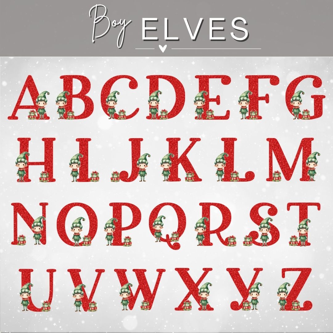 Personalized Red Glitter Elf Girl or Elf Boy Name Ornament | Initial & Name Kids Ornament