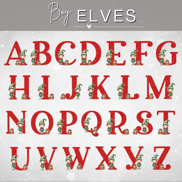 Personalized Red Glitter Elf Girl or Elf Boy Name Ornament | Initial & Name Kids Ornament