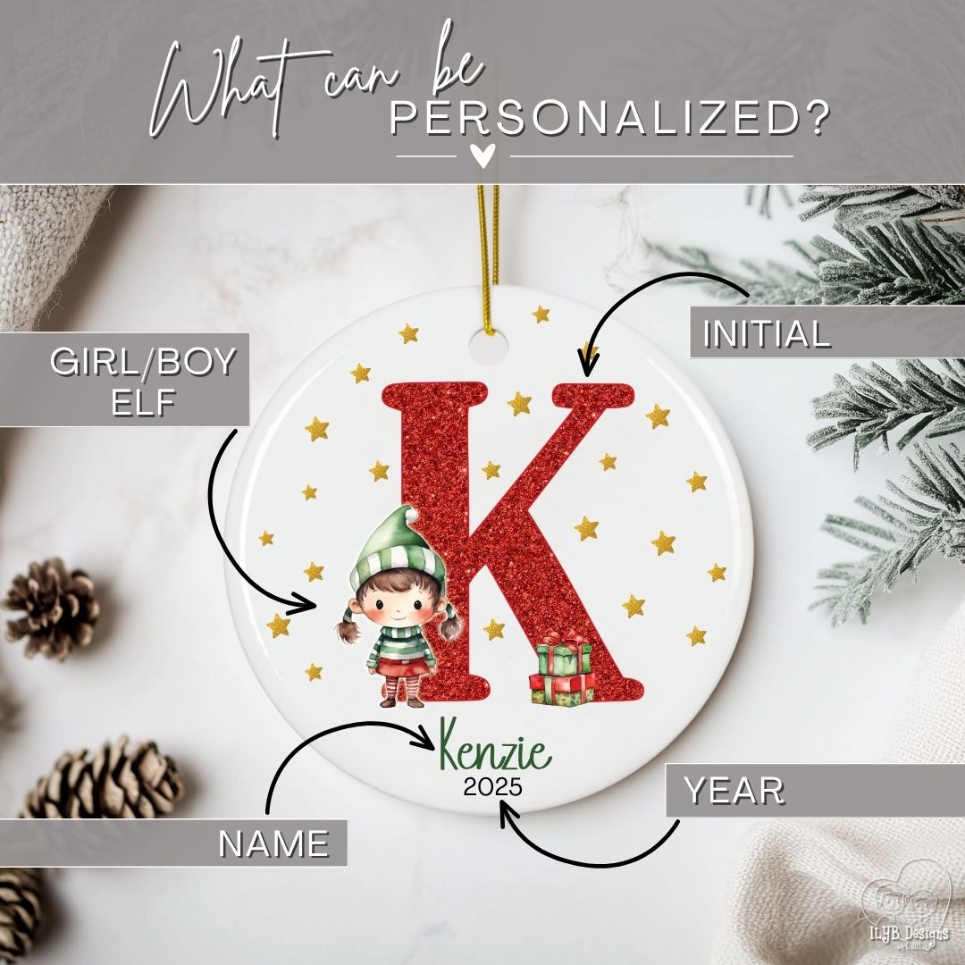 Personalized Red Glitter Elf Girl or Elf Boy Name Ornament | Initial & Name Kids Ornament