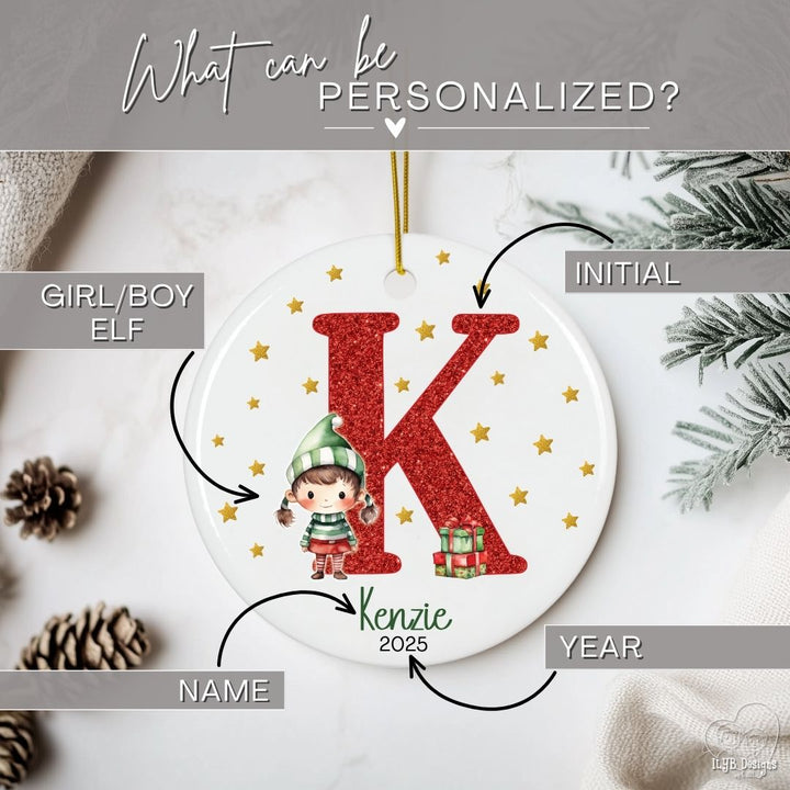 Personalized Red Glitter Elf Girl or Elf Boy Name Ornament | Initial & Name Kids Ornament