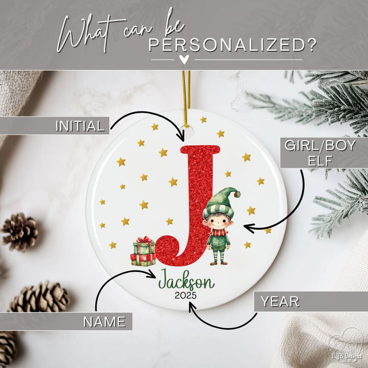 Personalized Red Glitter Elf Girl or Elf Boy Name Ornament | Initial & Name Kids Ornament