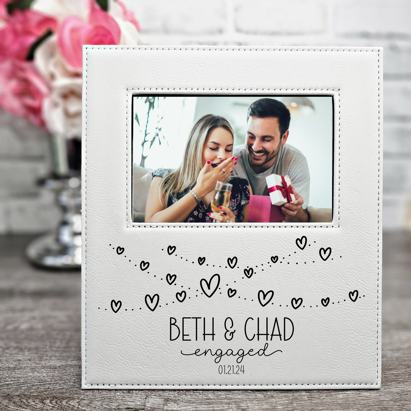 Hearts Engagement Frame with Couples' Names | Leatherette Picture Frame