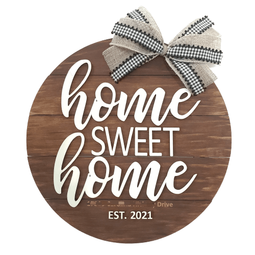 Wooden sign with 'home sweet home' and a bow on a transparent background