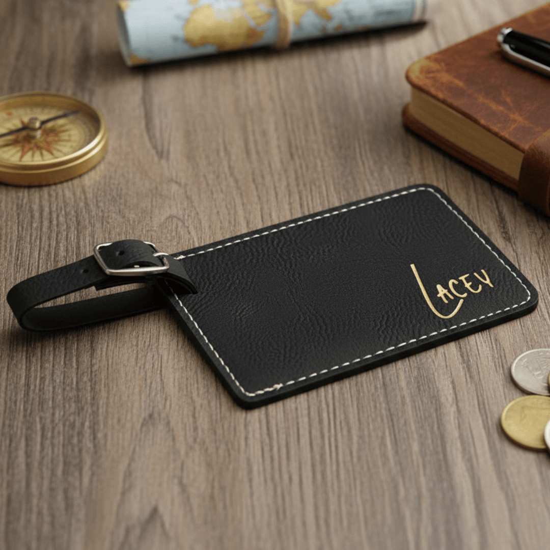 Black leather luggage tag with 'Lacev' engraving on a wooden surface with travel-themed items.