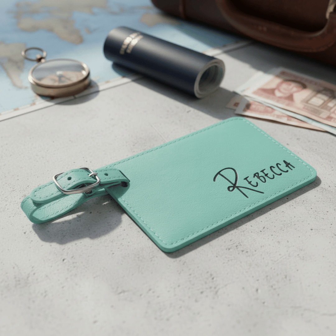 Teal luggage tag with 'Rebecca' engraved, placed on a surface with a map and wallet in the background.