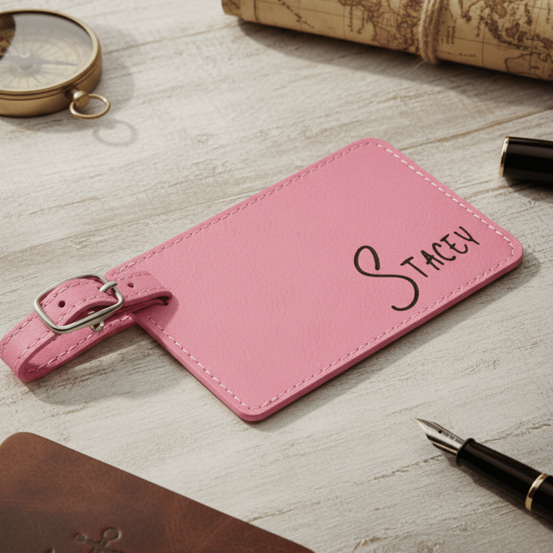 Pink luggage tag with 'STACEY' engraved, surrounded by travel-themed items on a wooden surface.