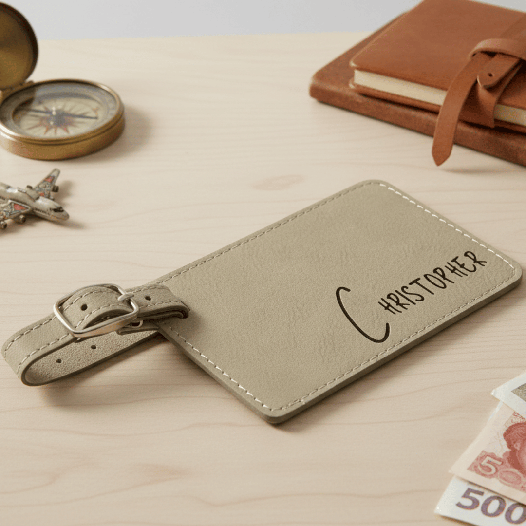 Beige leather luggage tag with 'Christopher' engraved, compass, toy airplane, and money on a light wooden surface.