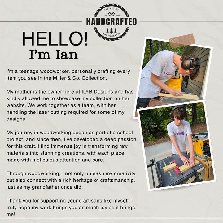 Collage of a teenage woodworker named Ian with text about his woodworking journey and connection to his mother.