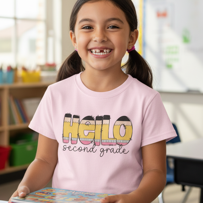 A young girl with dark hair in pigtails smiles while wearing a light pink t-shirt with a colorful 'HELLO second grade' graphic. She is holding a book in a bright, blurred classroom setting.