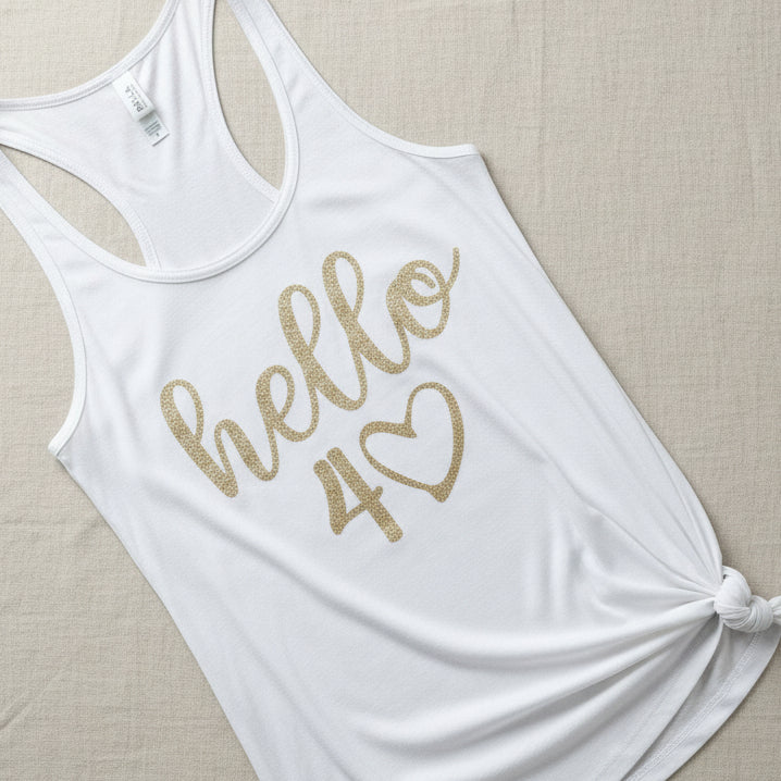 A white sleeveless tank top with &