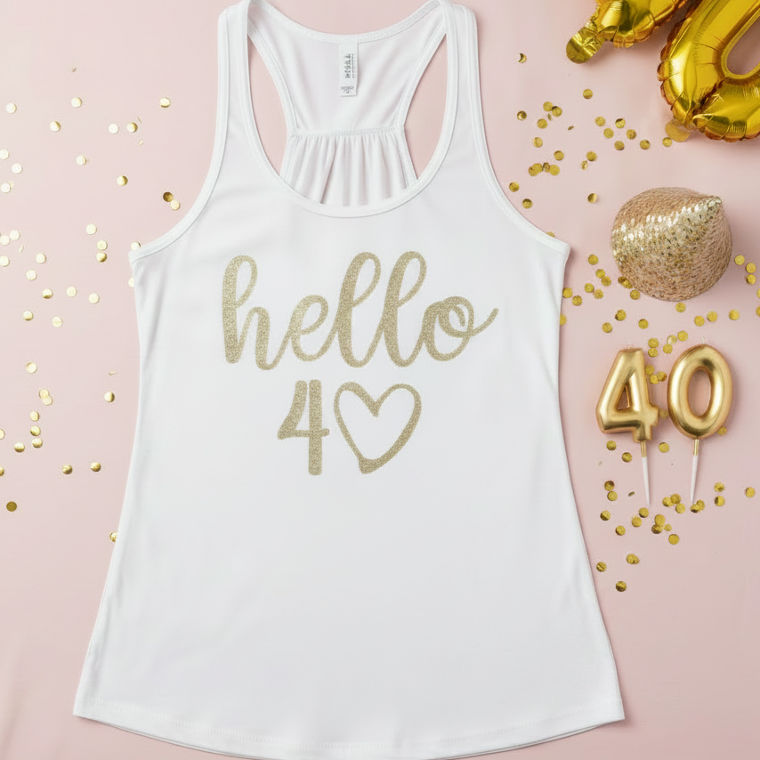 A white racerback tank top with &