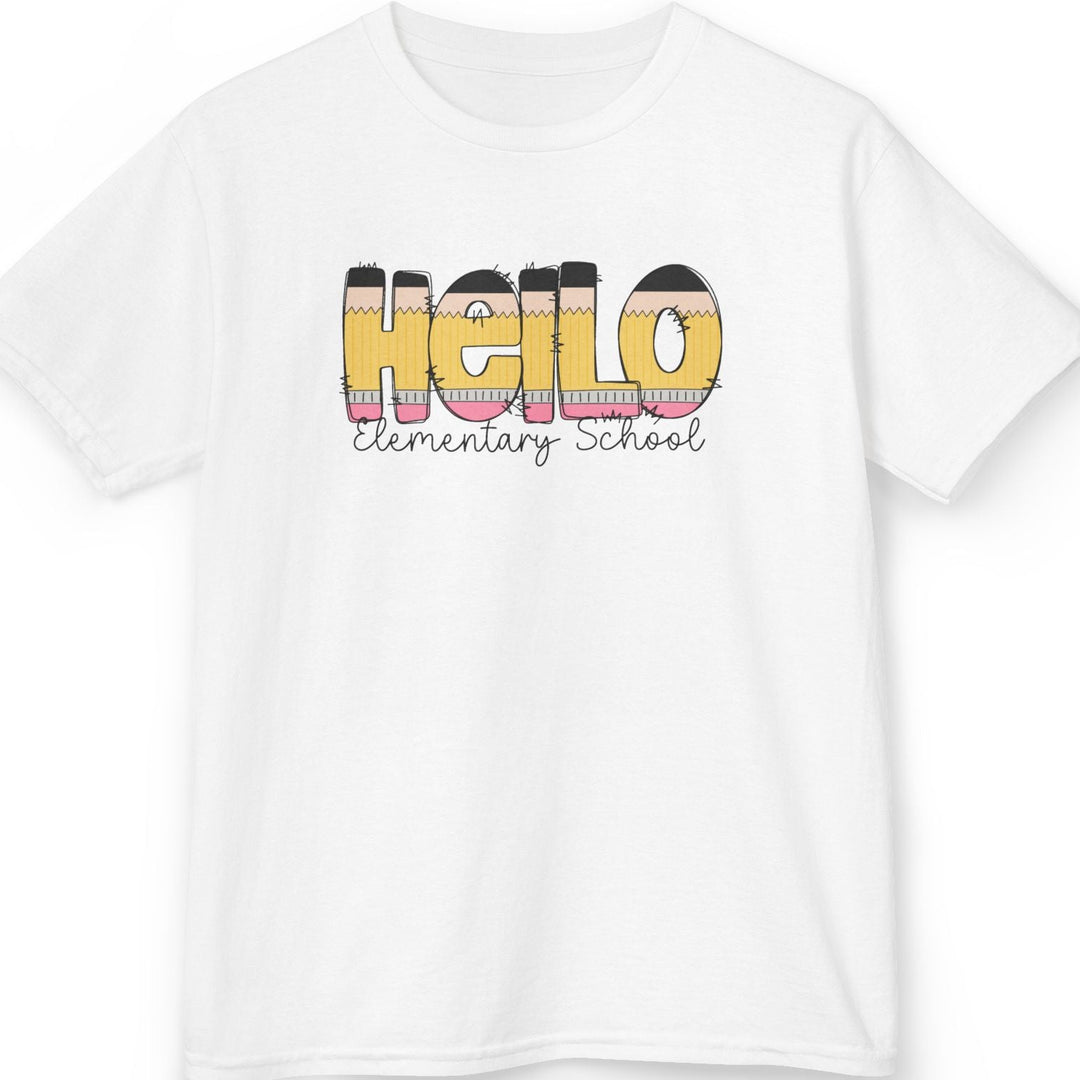 A white short-sleeve crewneck t-shirt featuring a colorful graphic on the chest that reads &