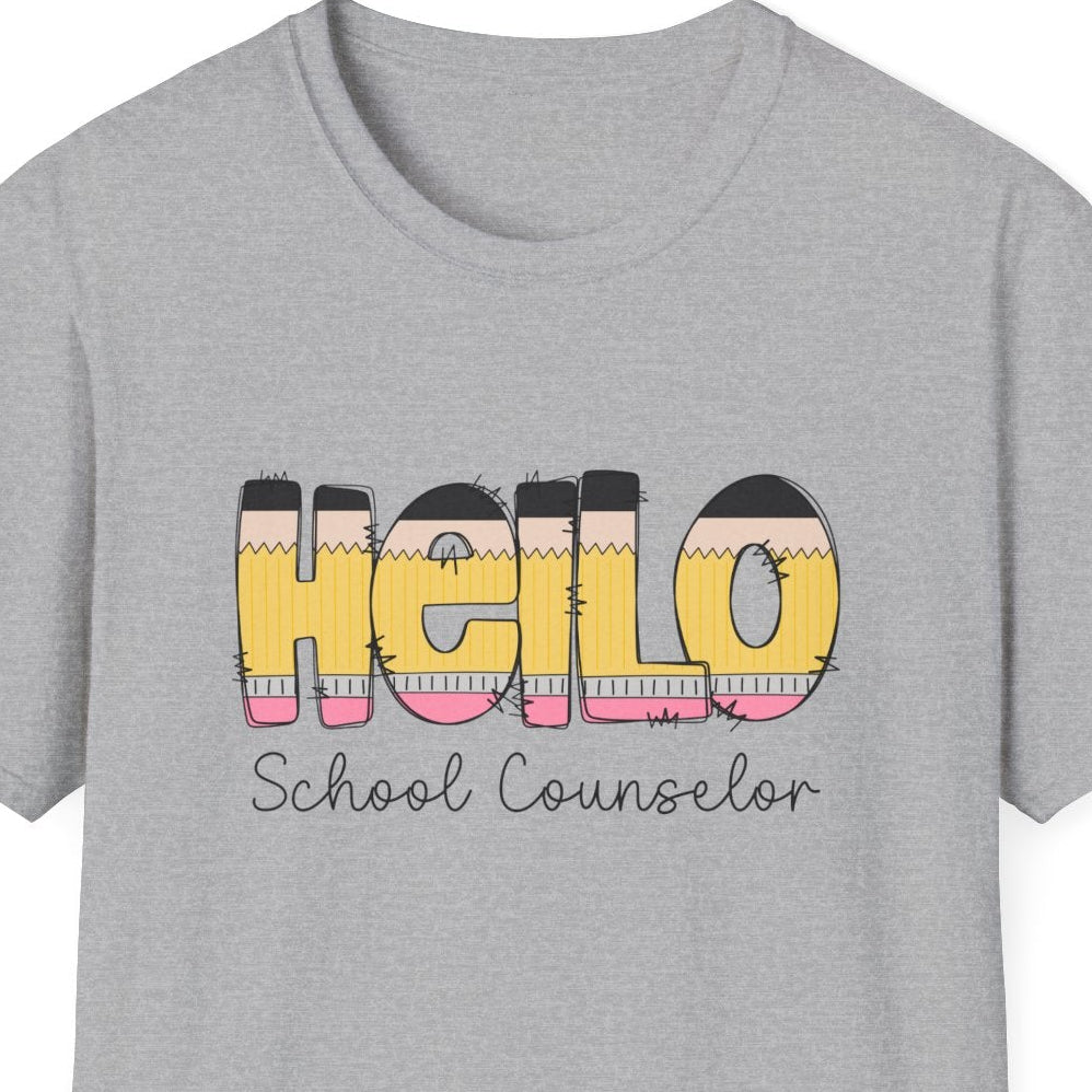 A heather gray short-sleeve t-shirt with a colorful graphic on the chest that reads 'Hello Kindergarten' in a retro pencil letter font, shown against a plain white background.