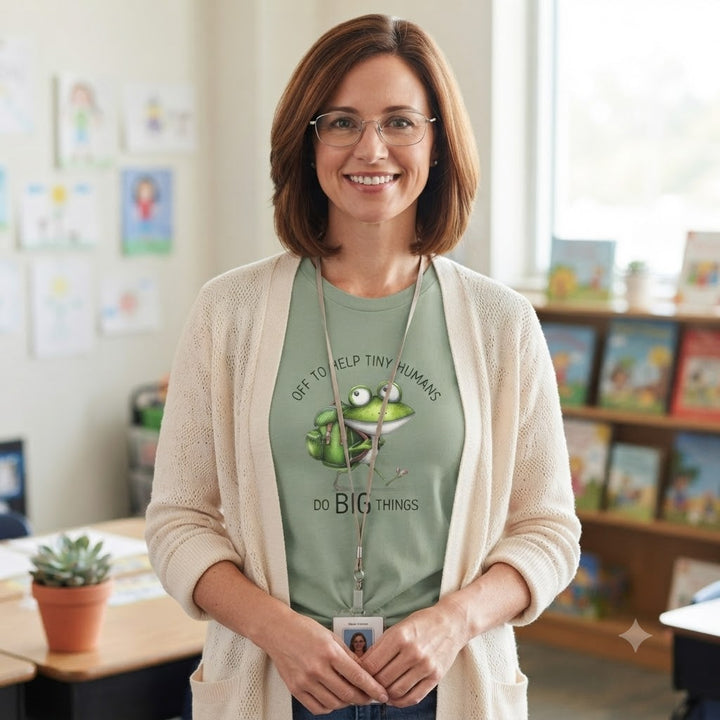 A woman with glasses and brown hair stands in a classroom setting, wearing a sage green graphic t-shirt with a frog design and the text 'OFF TO HELP TINY HUMANS DO BIG THINGS', layered under a cream cardigan.