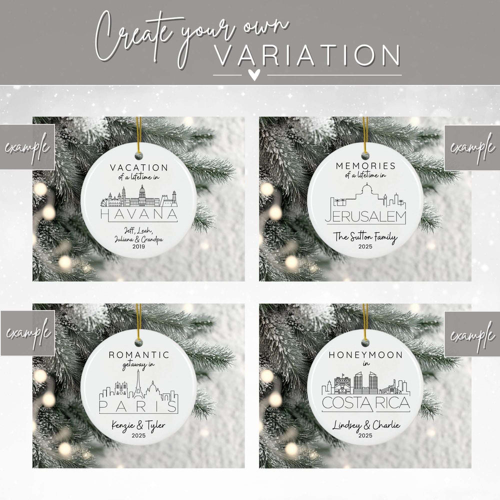 Personalized travel-themed Christmas ornaments with city names and dates on a tree background.