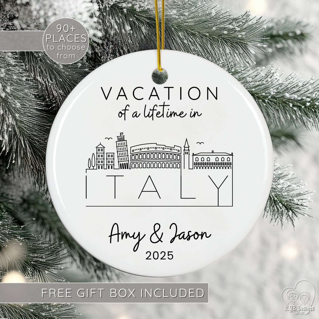 Decorative Christmas ornament with 'Vacation of a Lifetime in Italy' design, featuring a free gift box offer.