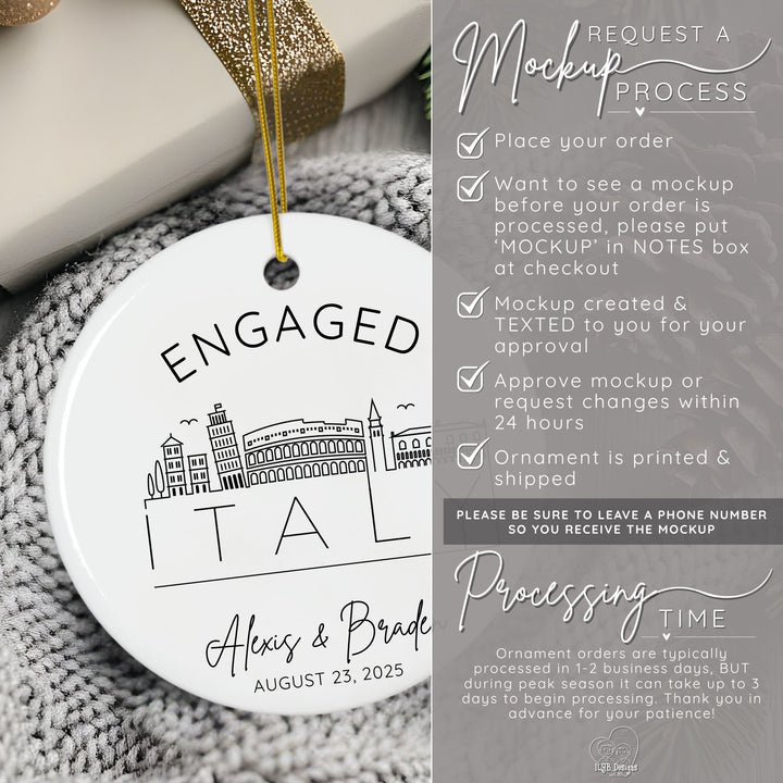 How to request a mockup to be sent to you before your ornament is printed. Place your order and put the word MOCKUP in the notes box. A mockup will be created and texted to you for approval. Approve mockup or request changes within 24 hours. Ornament is printed and shipped. Please be sure to leave a phone number so you receive the mockup. Ornament orders are typically processed in 1-2 business days. During peak season it can take up to 3 days to begin processing.