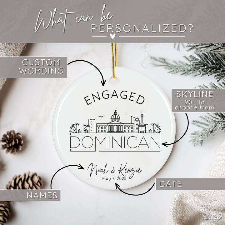 Graphic shows you can personalize names, date, international city skyline 90+ to choose from, and custom wording instead of "engaged" on your international City skyline engagement ornament.