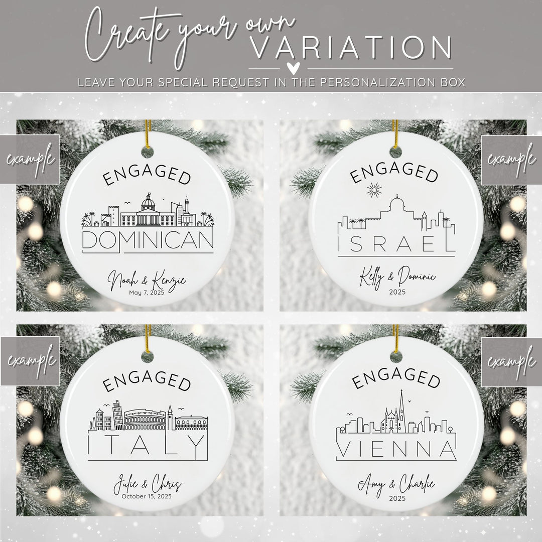 Graphic showing 4 examples of variations of different international city skylines for the international cities skyline ornament. Examples of Dominican, Israel, Italy, and Vienna are shown. 