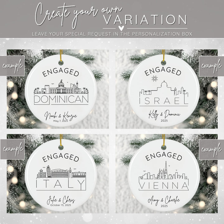 Graphic showing 4 examples of variations of different international city skylines for the international cities skyline ornament. Examples of Dominican, Israel, Italy, and Vienna are shown. 