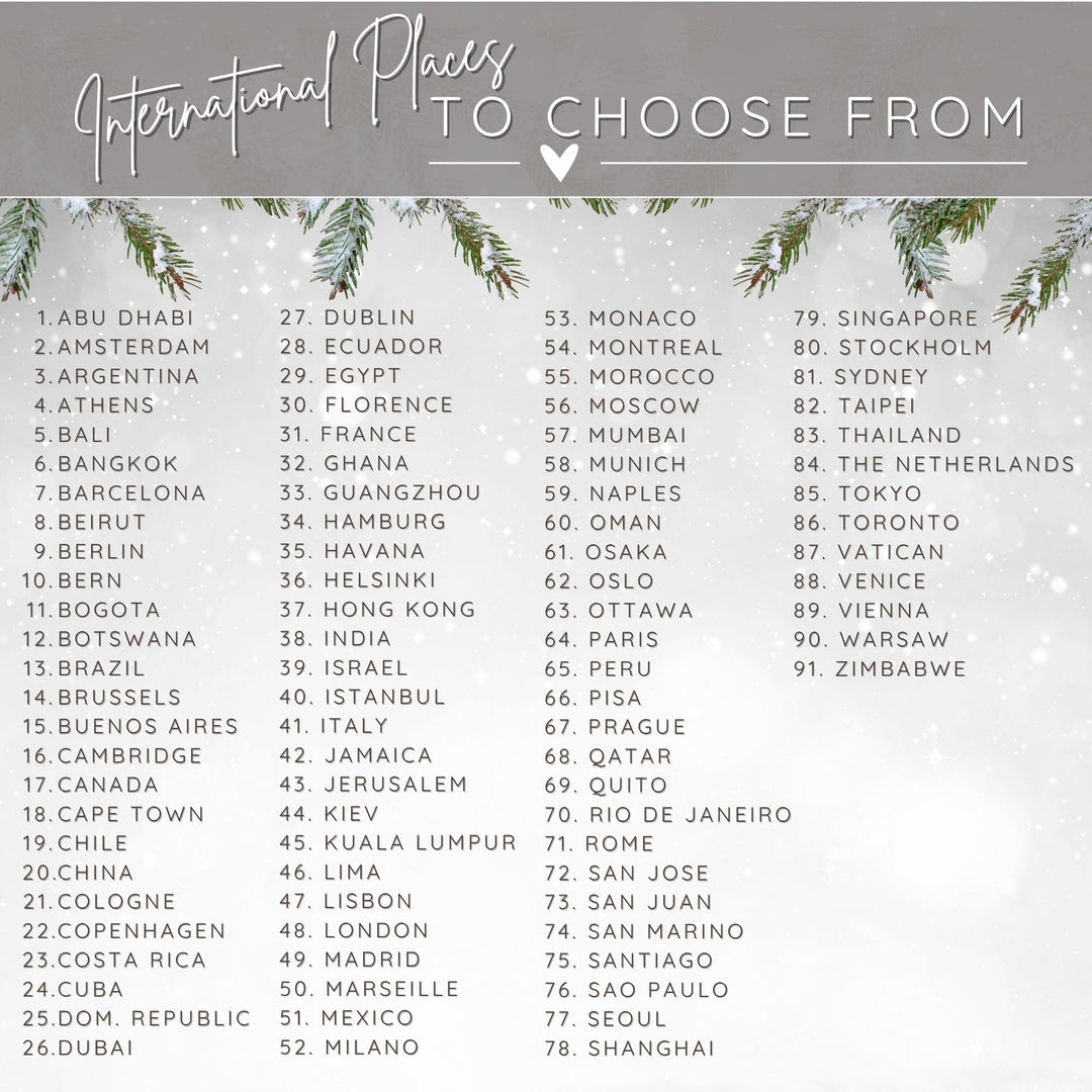 List of 91 international cities to choose from for the international city skyline engagement ornament.