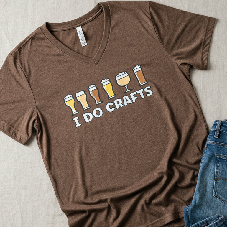 A brown heathered V-neck t-shirt featuring a graphic of six beer glasses with foam above the text &