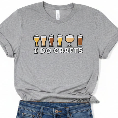 A heather gray short-sleeve t-shirt  featuring a graphic of six beer glasses with foam above the text &