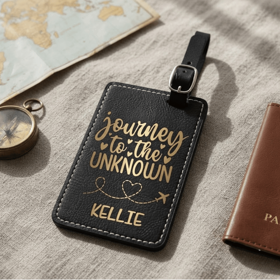 Journey to the Unknown Personalized Luggage Tag | Laser Engraved Leatherette Wedding Favor