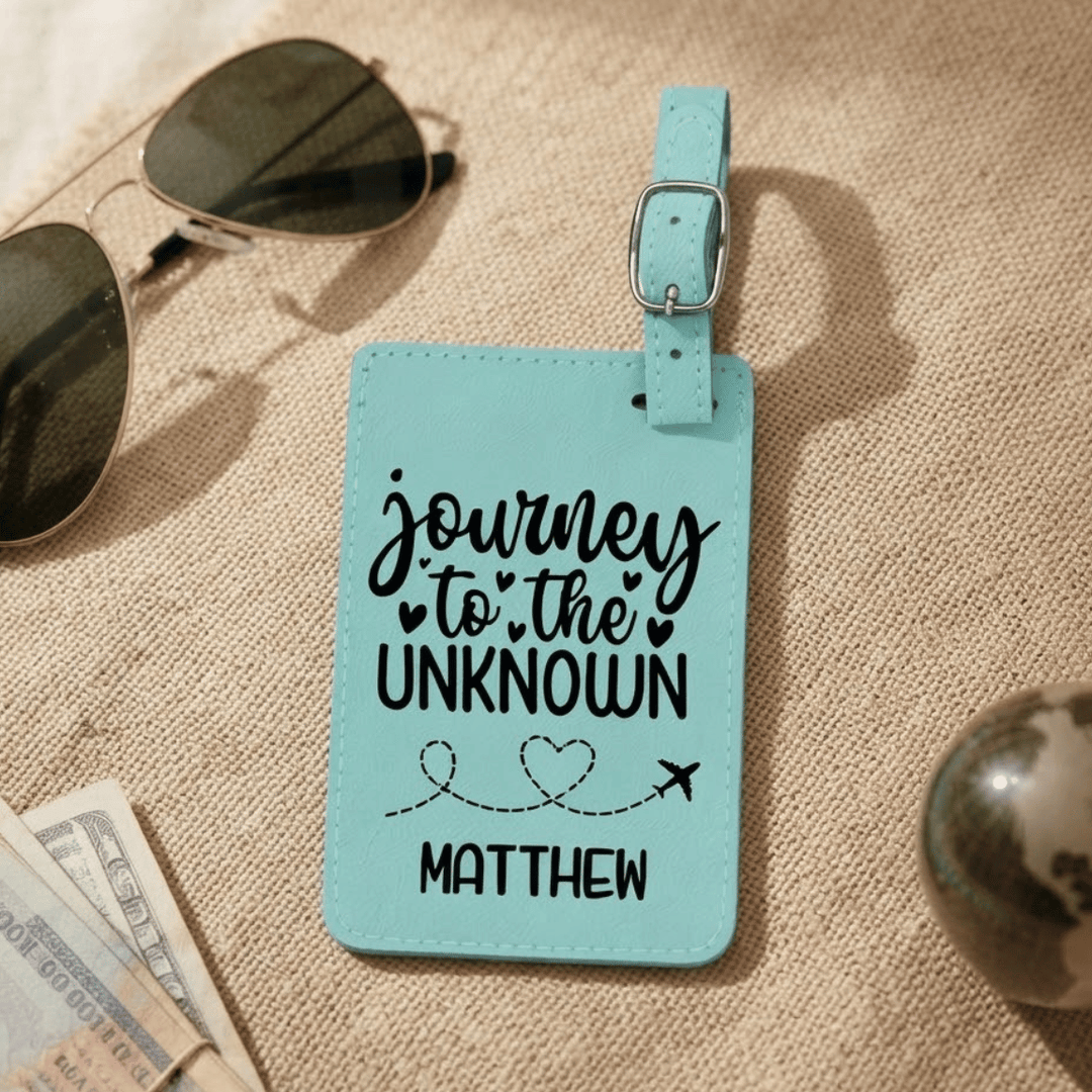 Journey to the Unknown Personalized Luggage Tag | Laser Engraved Leatherette Wedding Favor