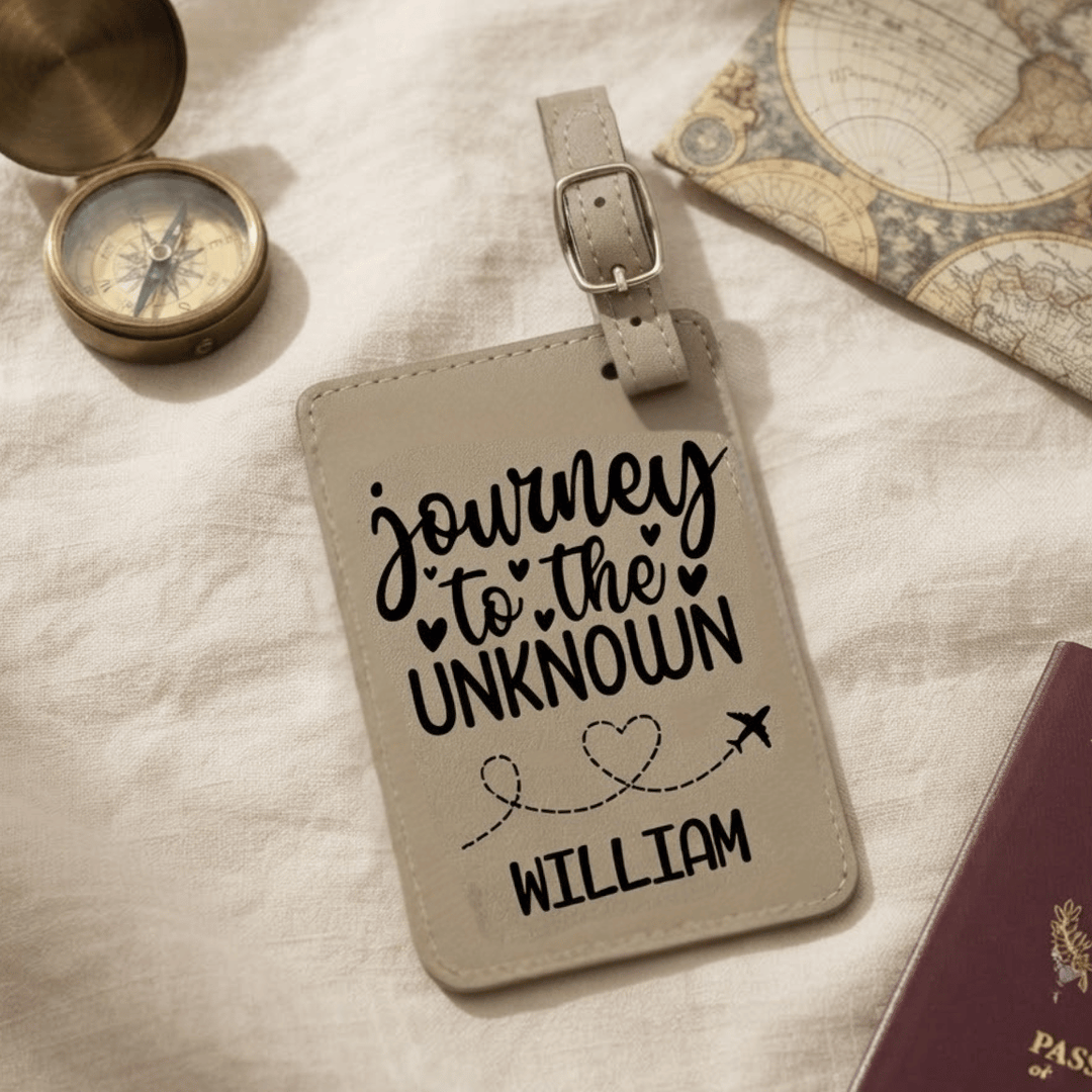Journey to the Unknown Personalized Luggage Tag | Laser Engraved Leatherette Wedding Favor