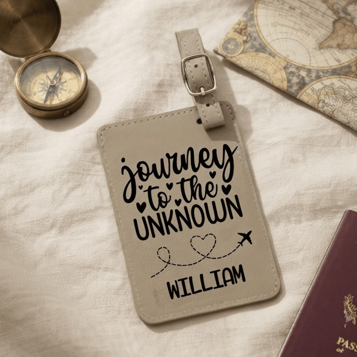 Journey to the Unknown Personalized Luggage Tag | Laser Engraved Leatherette Wedding Favor