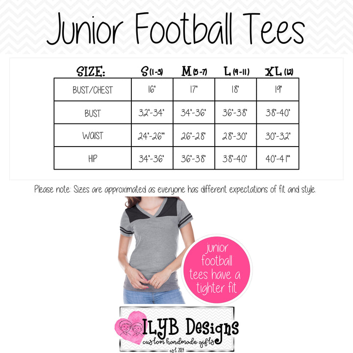 A size chart and mockup for Junior Football Tees by ILYB Designs. The top half shows a size table with columns for S, M, L, and XL, including bust, worst, and hip measurements.