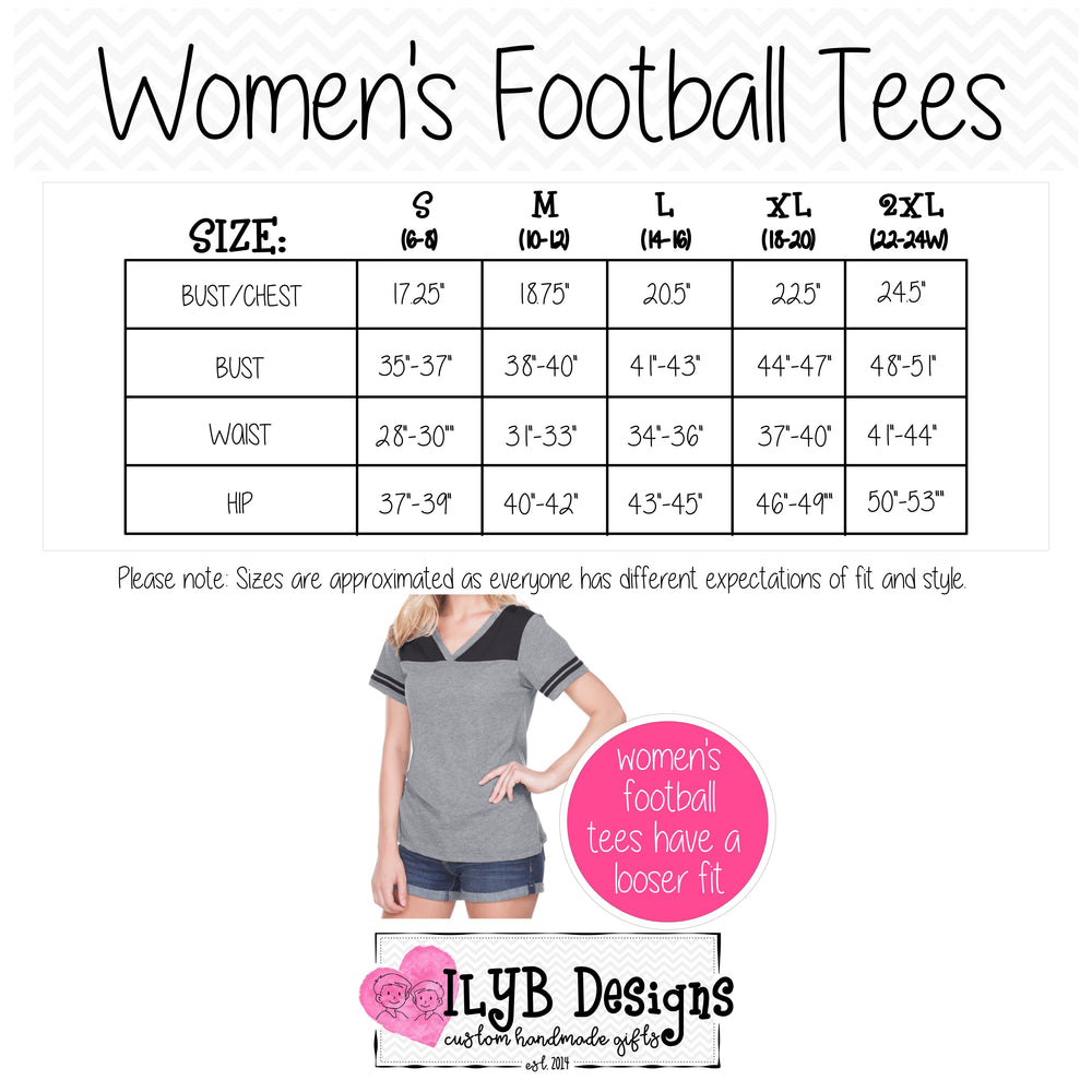 A size chart and promotional graphic for women's football tees by ILYB Designs. The top section shows a size table with columns for S through 2XLL and rows for bust/chest, bust, worst, and hip measurements.