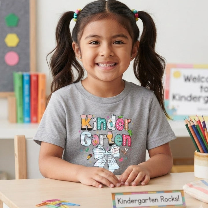 A young girl with dark hair in pigtails sits at a wooden desk in a bright classroom, wearing a gray t-shirt with a colorful 'Kinder Garten' graphic and a white bow illustration. The desk has a nameplate that reads 'Kindergarten Rocks!' and is surrounded by school supplies.