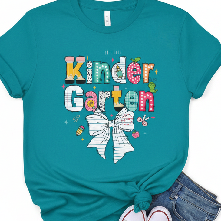 A teal short-sleeve graphic T-shirt laid flat with a tied knot at the bottom, styled with denim shorts and white sneakers. The shirt features a colorful 'Kinder Garten' text design with a white bow illustration and small decorative motifs.