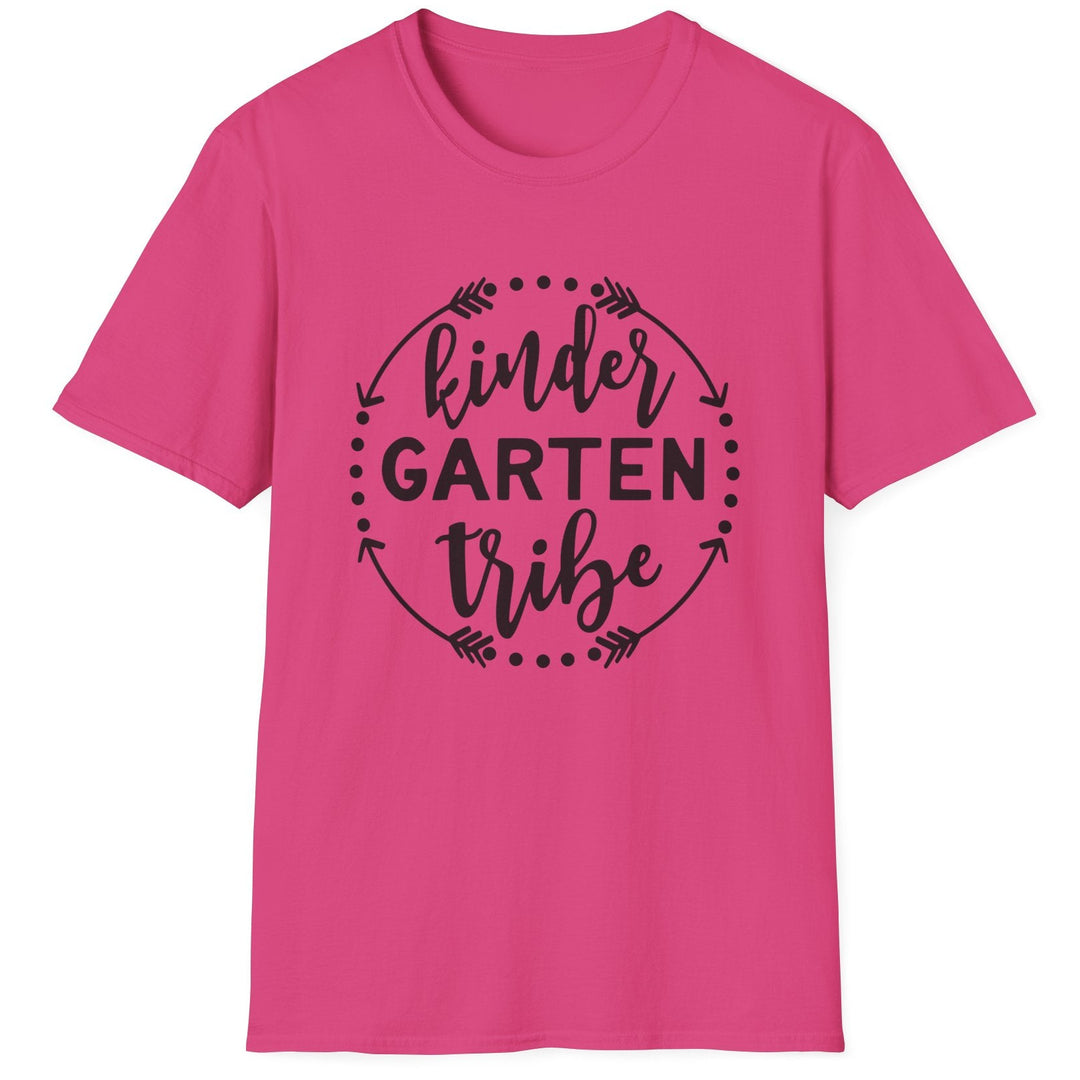 A bright pink short-sleeve crewneck t-shirt with a black graphic on the chest that reads 'kinder GARTEN tribe' inside a circular arrow design, shown on a plain white background.