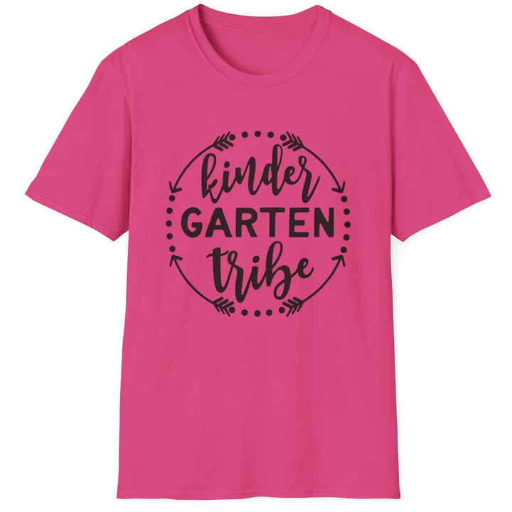 A bright pink short-sleeve crewneck t-shirt with a black graphic on the chest that reads 'kinder GARTEN tribe' inside a circular arrow design, shown on a plain white background.