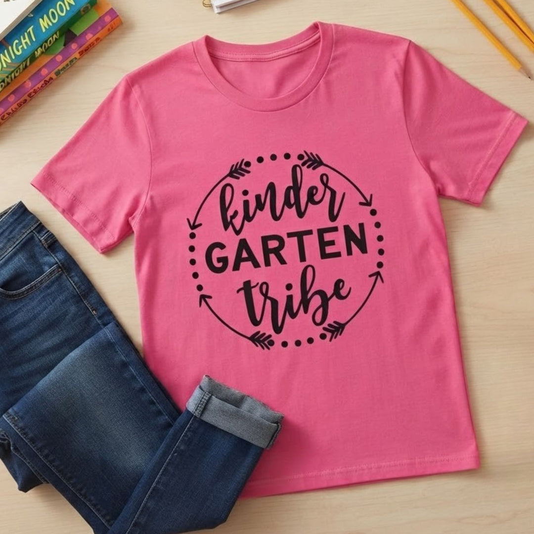 A pink short-sleeve crewneck t-shirt with a black graphic reading 'kinder GARTEN tribe' inside dotted and arrow circles, styled in a flat lay with blue jeans on a light wood background.