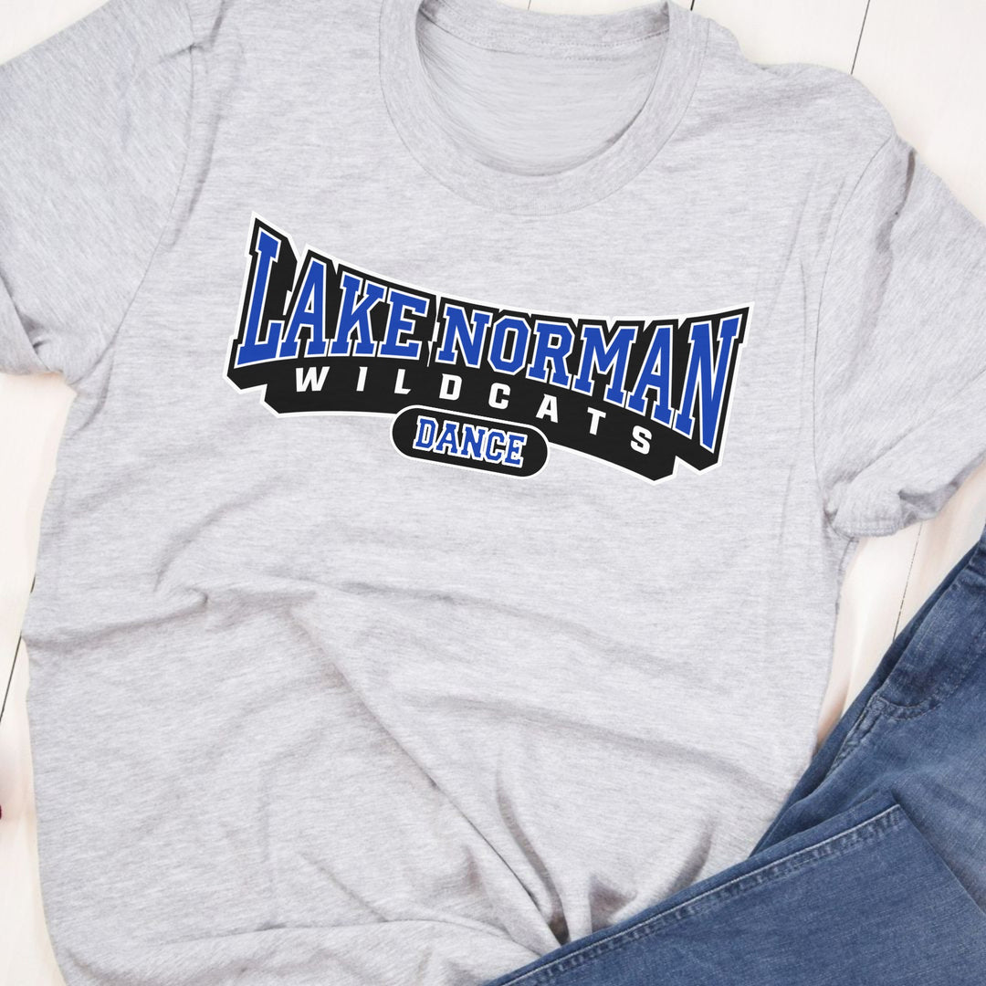Gray t-shirt with 'Lake Norman Wildcats Dance' text on a white background