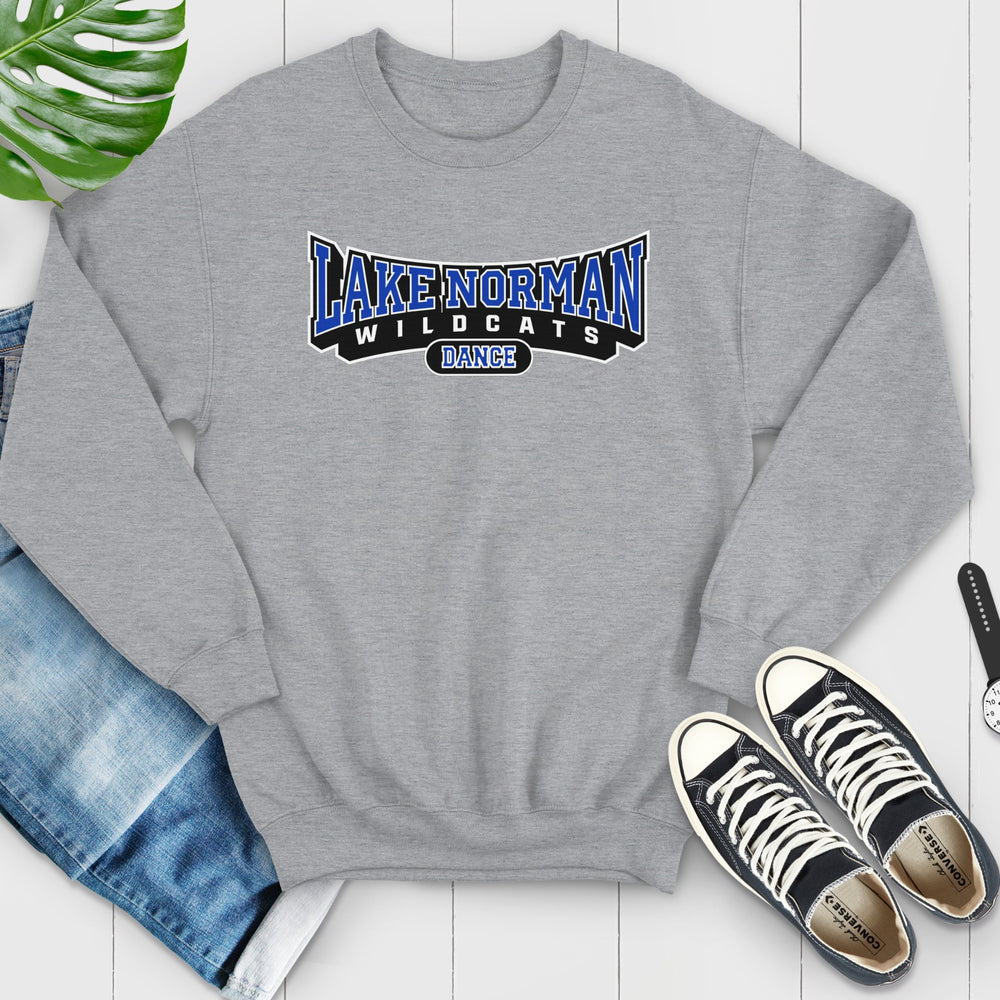 Gray sweatshirt with 'Lake Norman Wildcats Dance' text, paired with jeans and sneakers on a light wooden floor.