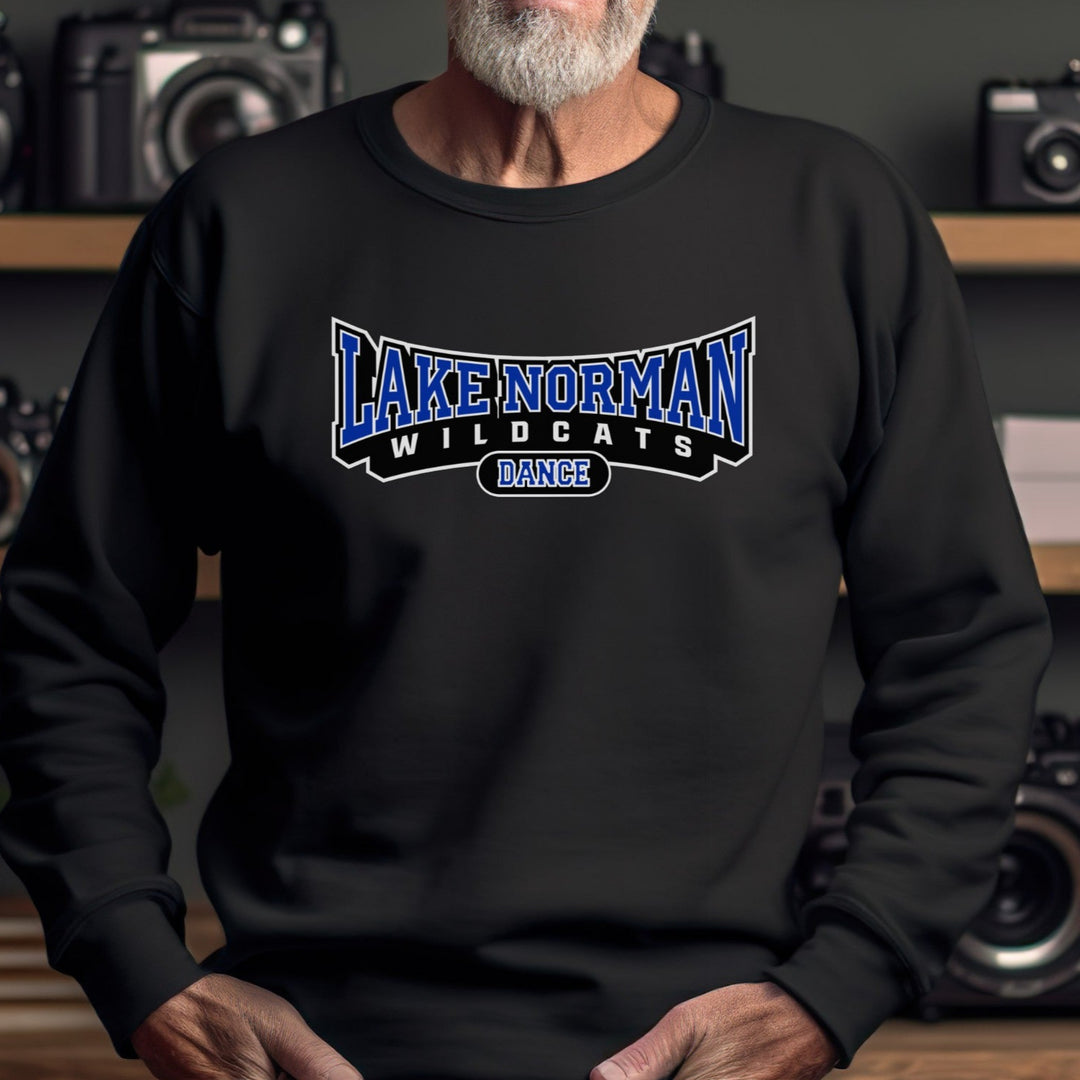 Black crew neck sweatshirt with 'Lake Norman Wildcats Dance" collegiate logo.