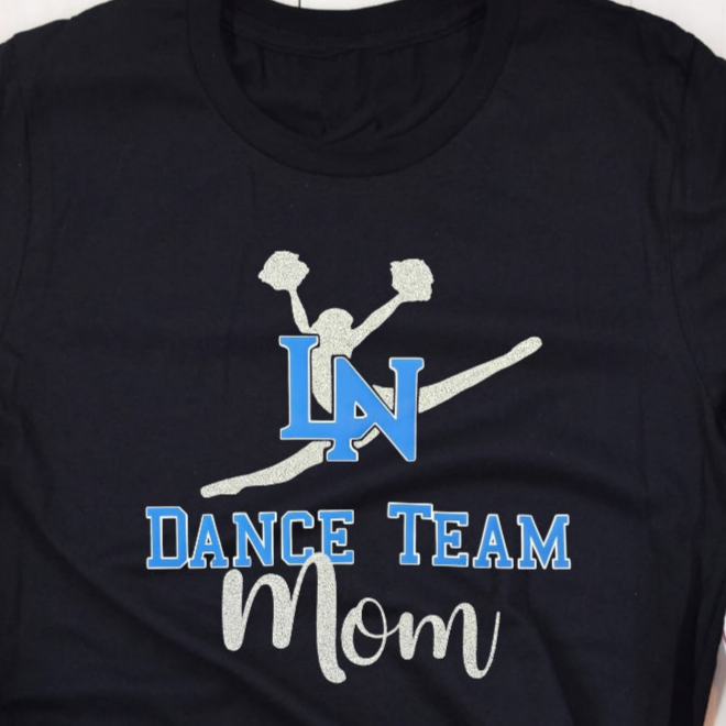 Black t-shirt with 'Lake Norman Dance Team Mom' text and silver glitter dancer silhouette.