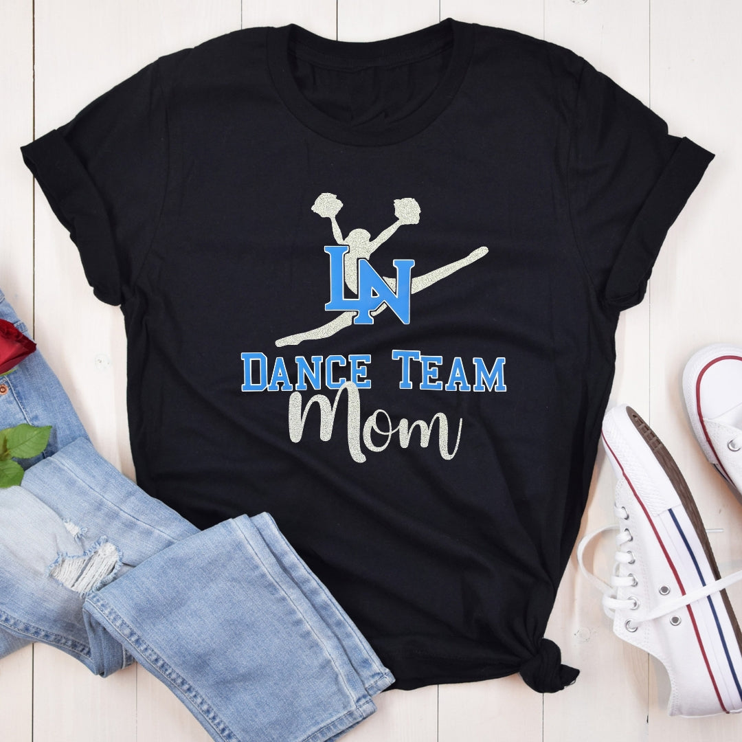 Black t-shirt with 'Lake Norman Dance Team Mom' design with silver glitter dancer silhouette.