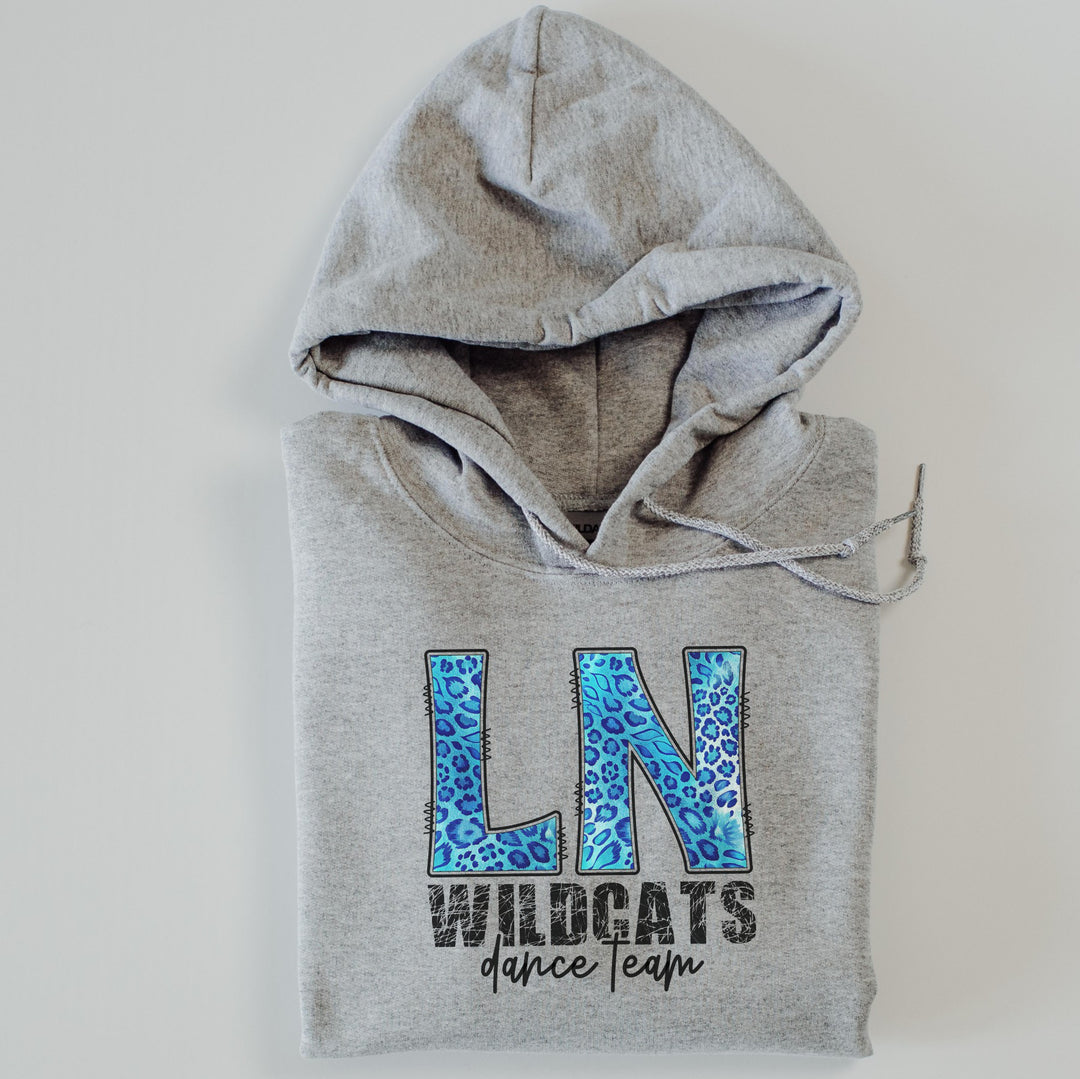 Gray hoodie with blue leopard doodle letters that say 'LN' and black text 'wildcats' in a scratched cat font along with 'dance team' underneath in black script font.
